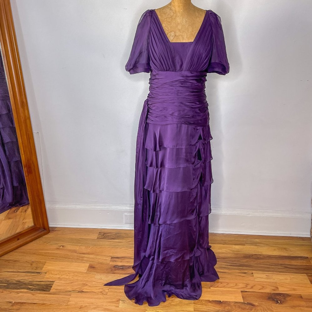 J. Mendel Paris Ruffled Tiered Short Sleeve Silk Evening Dress In Purple Size 10 - Picture 1 of 13